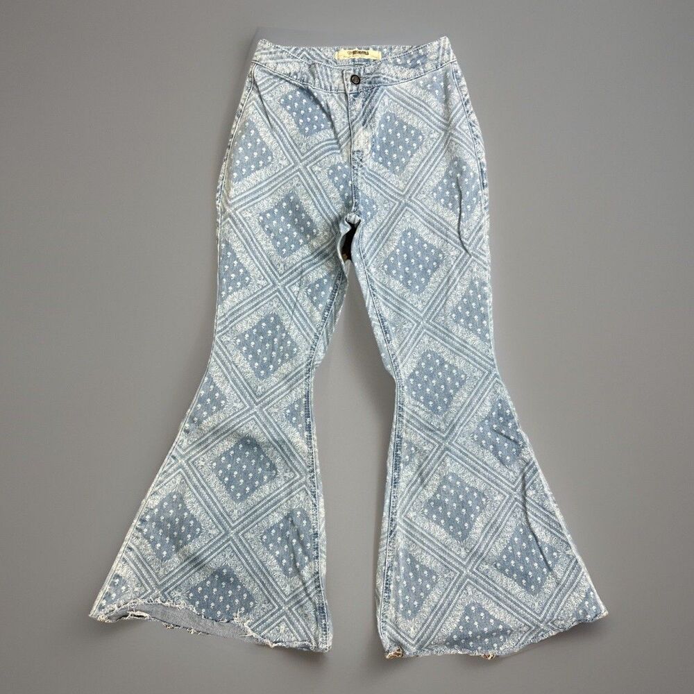 Rock & Roll Denim Bargain Button Bell Jeans Women's 27x26.5 Blue Bandana Hippie
